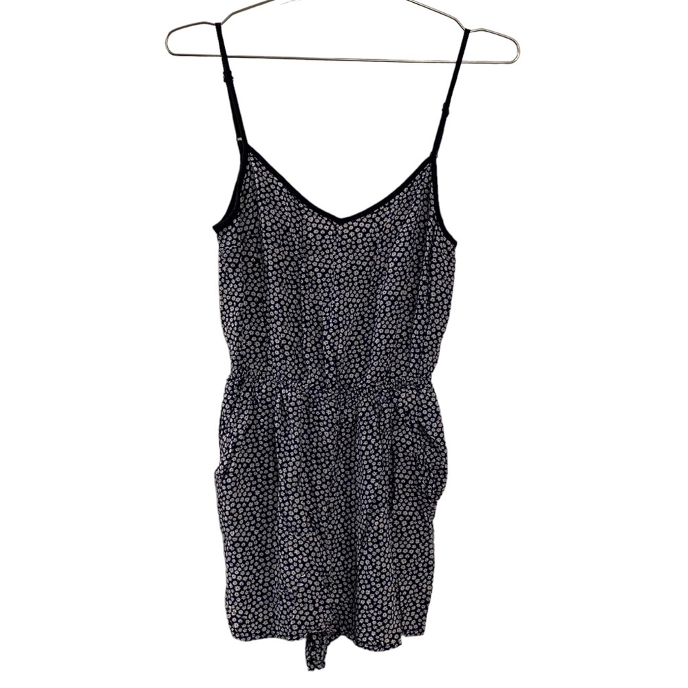 H&M Floral Navy Blue & White Spaghetti Strap Pockets Romper